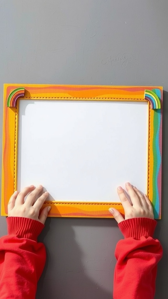 A rainbow-themed photo frame held by hands in a red sweater.