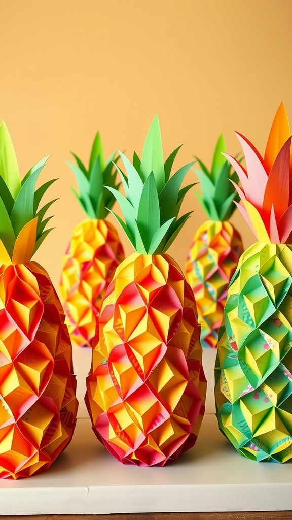 Colorful paper pineapple crafts in various shades of red, yellow, green, and pink