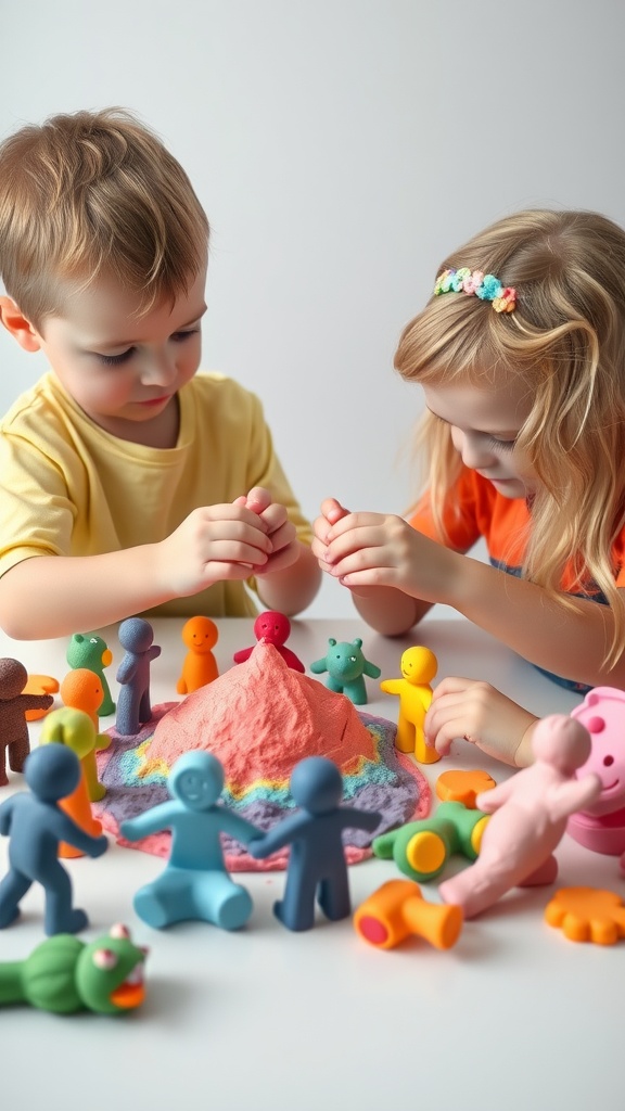 Two children playing with colorful rainbow playdough, creating shapes and figures around a mound of playdough.