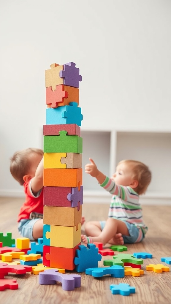 Two toddlers playing with colorful puzzle blocks on a wooden floor, stacking them to create a tower.