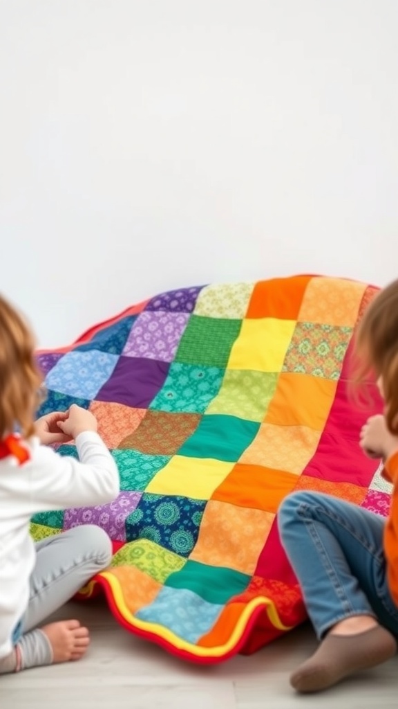 Two children sitting on the floor with a colorful patchwork quilt, engaged in a crafting activity.