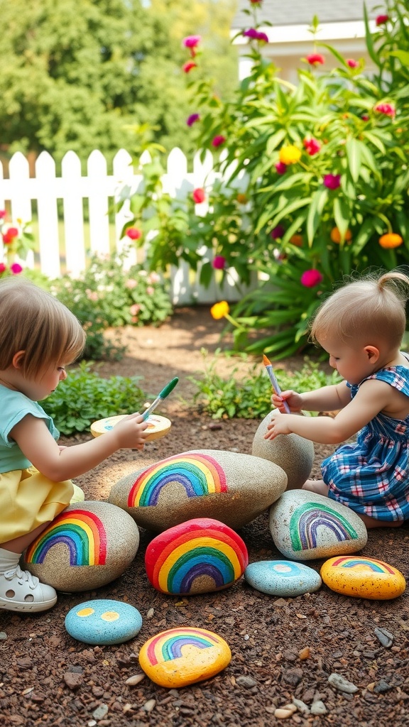 Two children painting colorful rainbows on rocks in a garden.