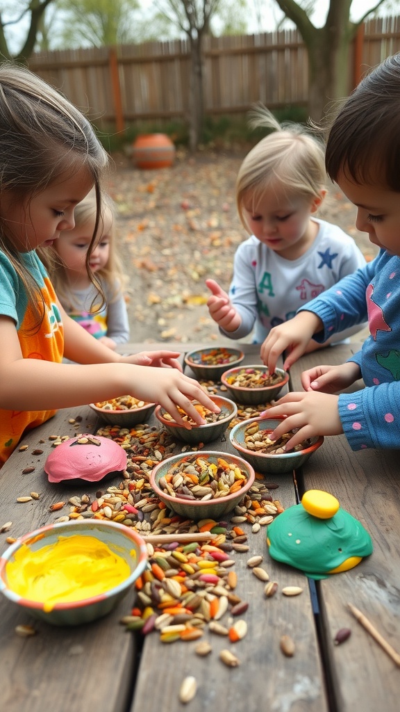 Children making rainbow seed bombs with colorful seeds and clay.