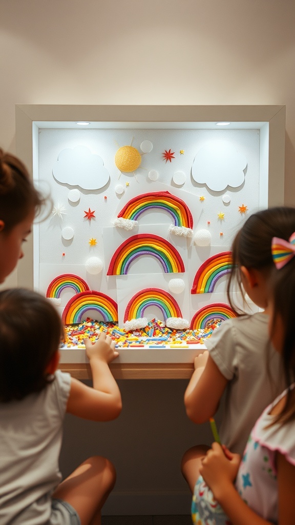 Children creating rainbow shadow boxes with colorful materials