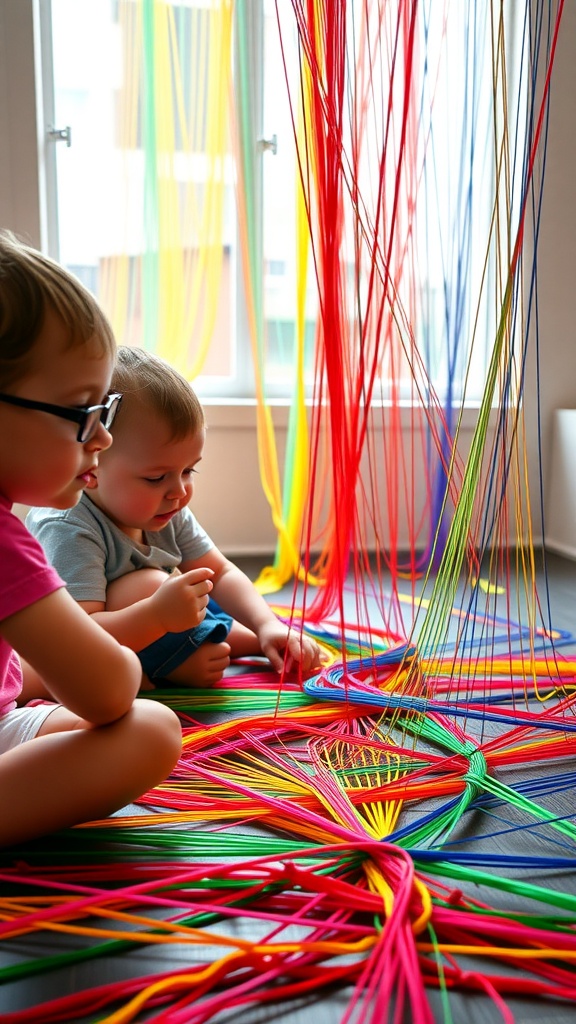 Two children playing with colorful strands of yarn on the floor, creating rainbow string art.