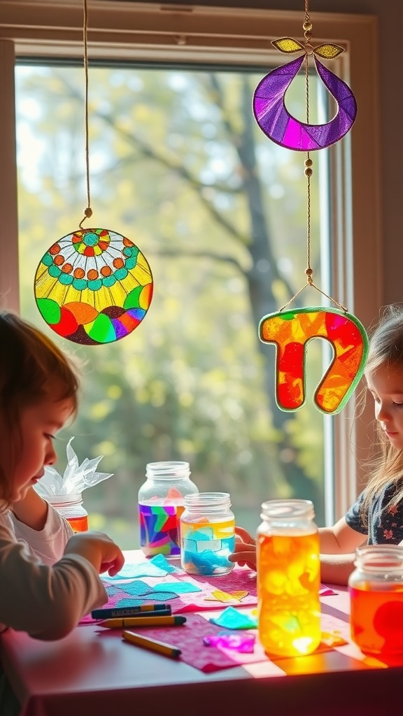 Children creating rainbow suncatchers with colorful materials at a table by a window