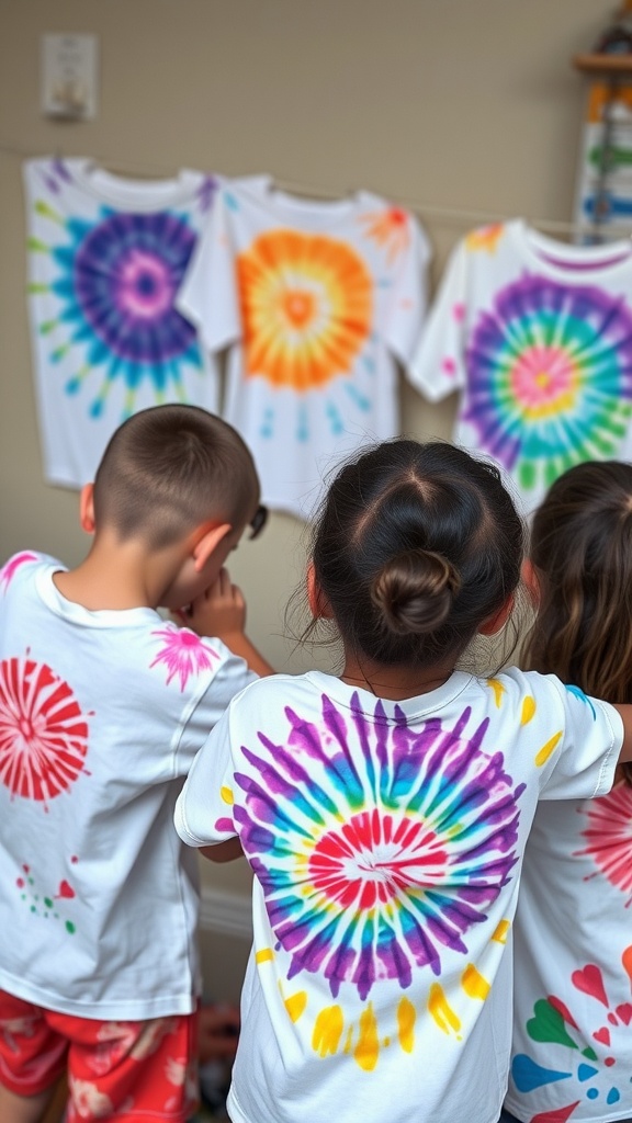 Children viewing their colorful tie-dye t-shirts hanging on a line.