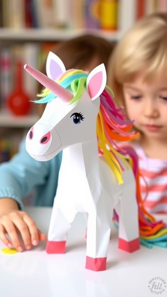 Two colorful unicorn puppets sitting on a table with craft supplies scattered around.