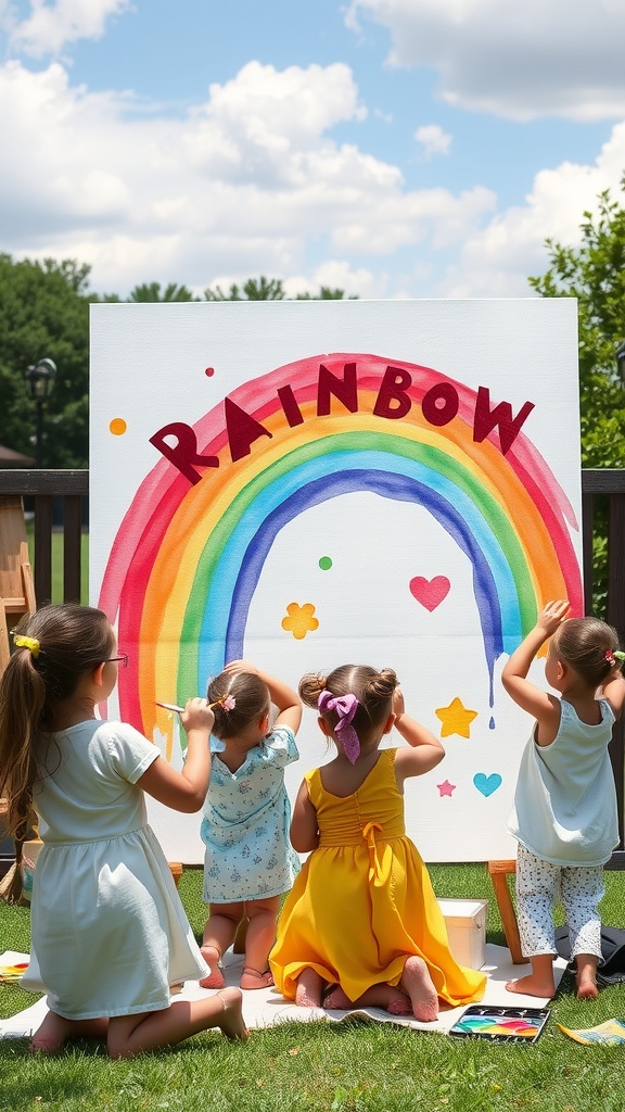 Children painting a colorful rainbow on a large canvas, showing creativity and joy.