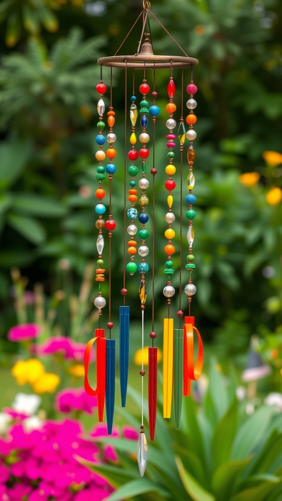 Colorful rainbow wind chimes hanging in a garden