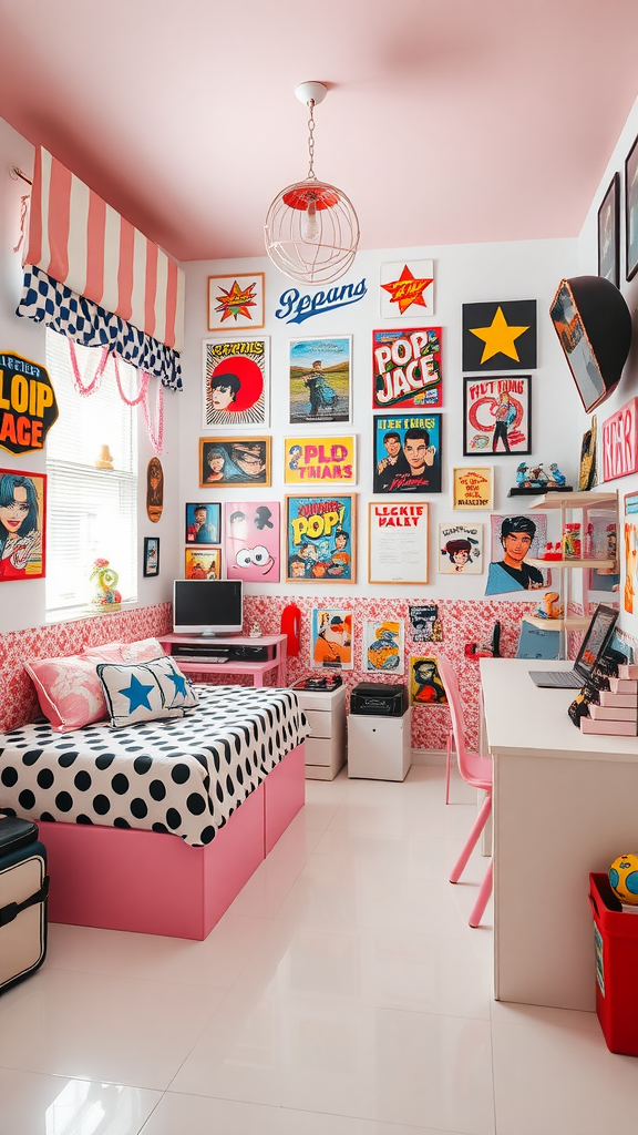 A cozy retro-themed bedroom featuring vibrant colors, pop culture posters, and a stylish bed setup.