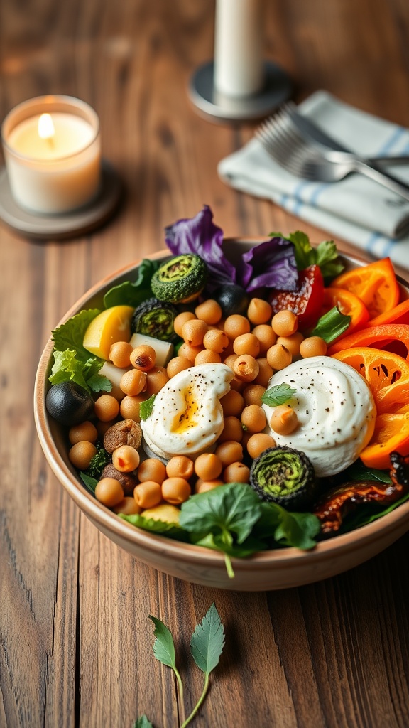 A colorful bowl filled with roasted vegetables, chickpeas, and poached eggs, set on a wooden table with a candle.