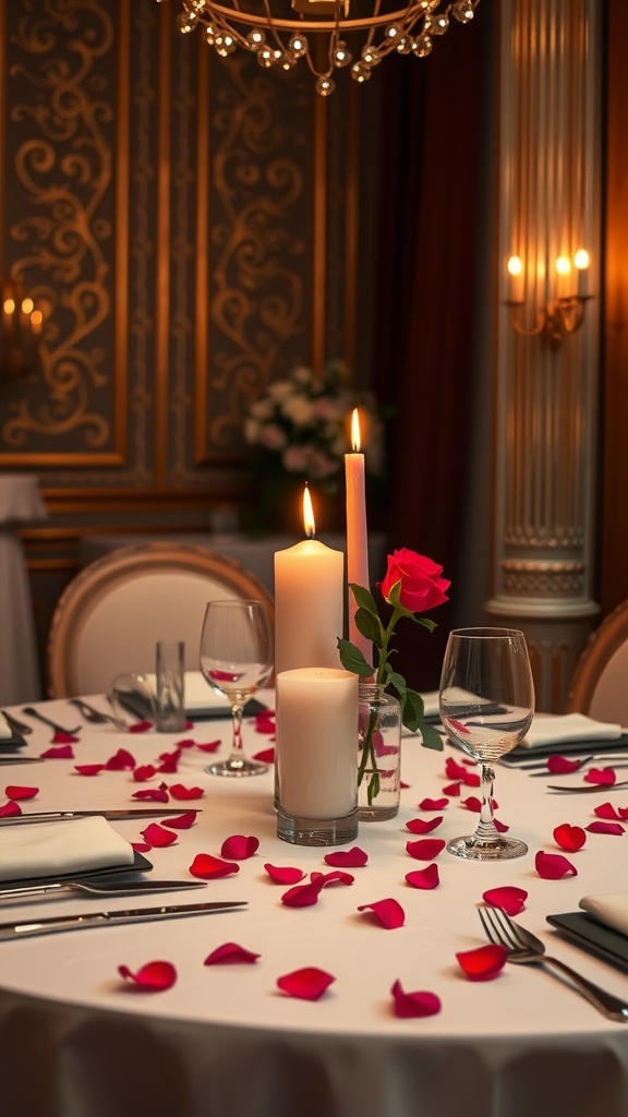 A beautifully set table with candle centerpieces and rose petals, creating a romantic atmosphere for Valentine's Day.