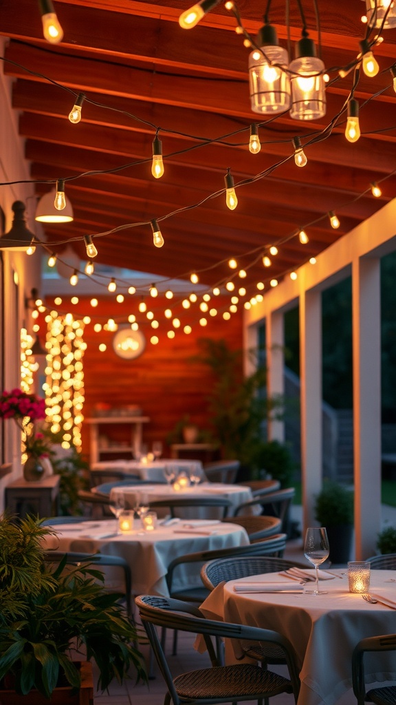 A romantic outdoor dining space decorated with string lights and candles