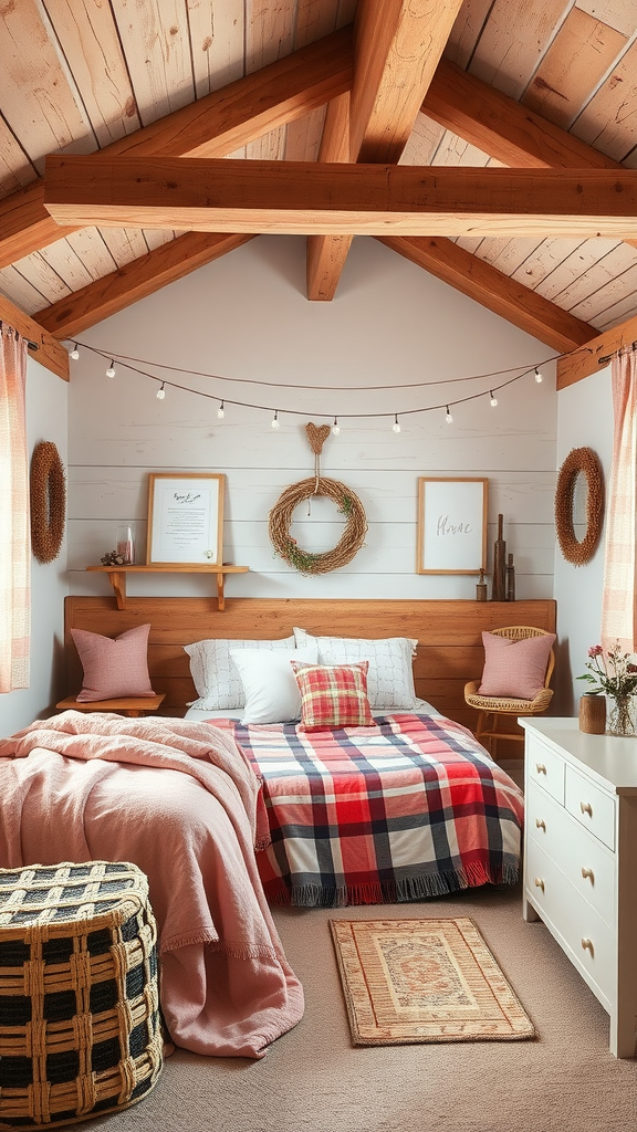 A cozy rustic bedroom with wooden walls, a plaid blanket, and natural decor.