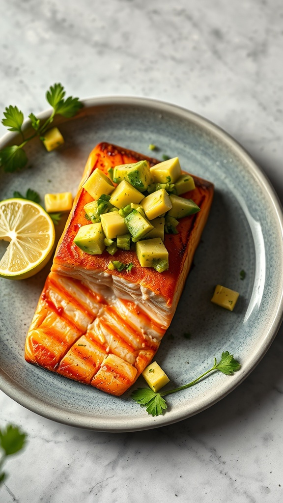 Seared salmon fillet topped with diced avocado and cilantro on a plate with lemon slices.