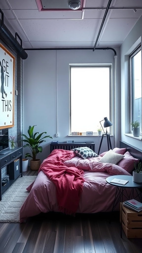 A cozy urban loft bedroom featuring pink bedding, a contemporary style, and natural light from large windows.