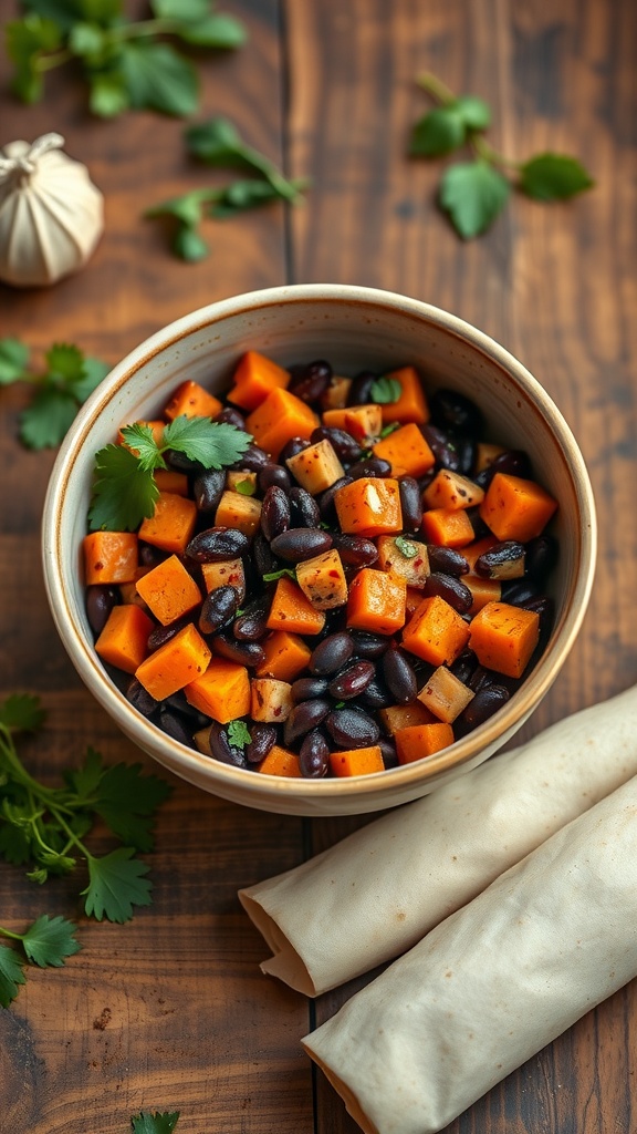 A bowl filled with spicy black beans and diced sweet potatoes, surrounded by fresh cilantro and garlic on a wooden table.