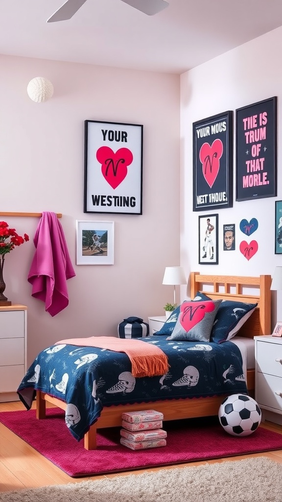 Cozy sporty bedroom with soccer decor and vibrant colors.