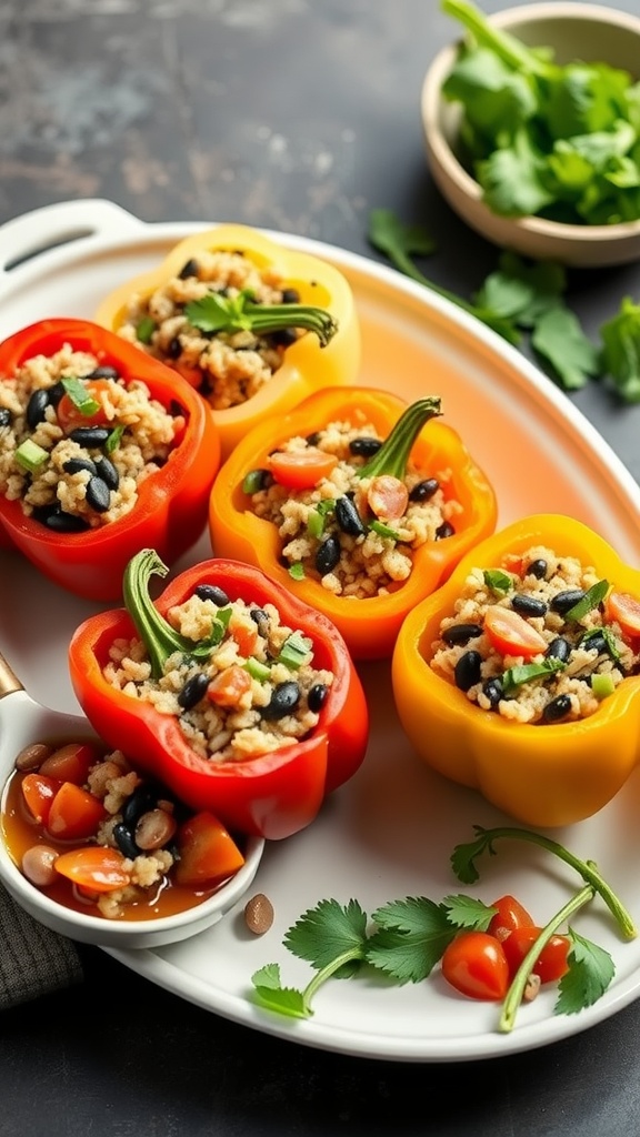 Colorful stuffed bell peppers filled with brown rice and black beans on a plate, garnished with cilantro and tomatoes.