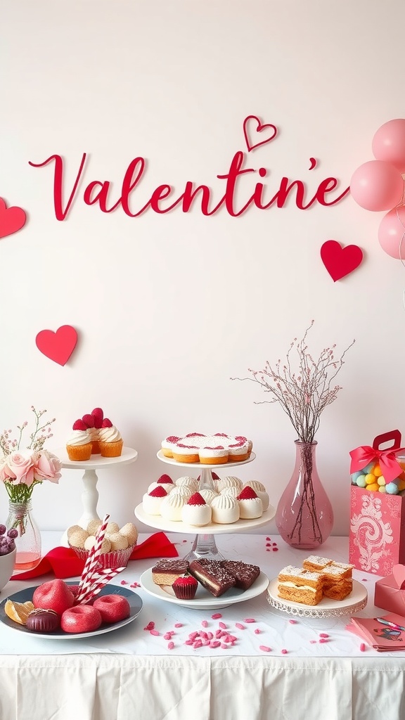 A sweet treat dessert table decorated for Valentine's Day with cupcakes, meringues, and candy.