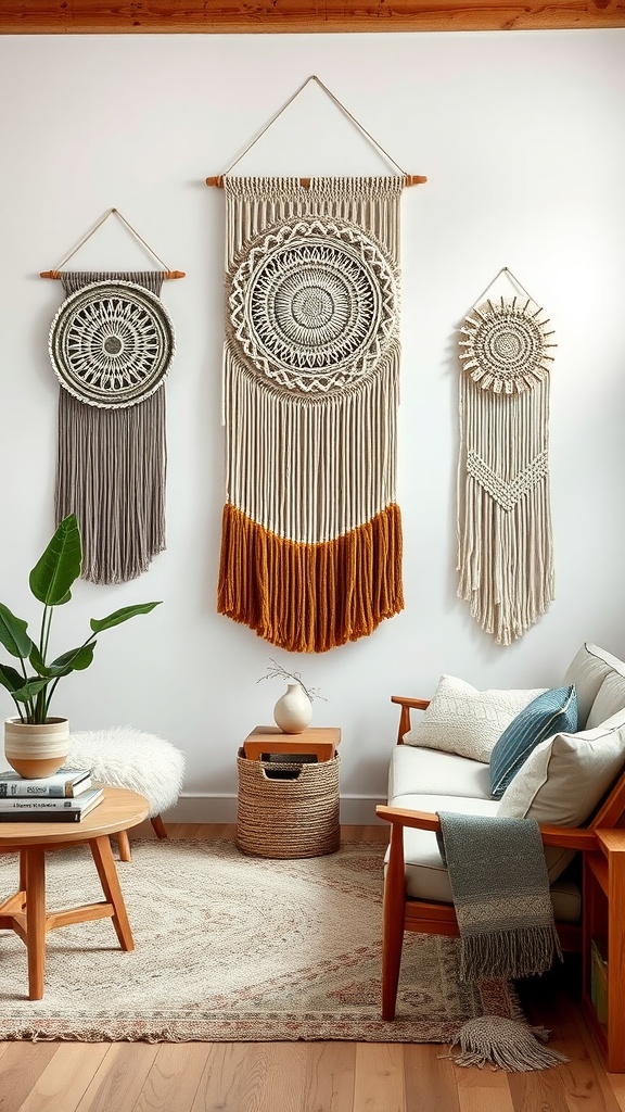 Macramé wall hangings in earthy tones adding texture to a boho living room