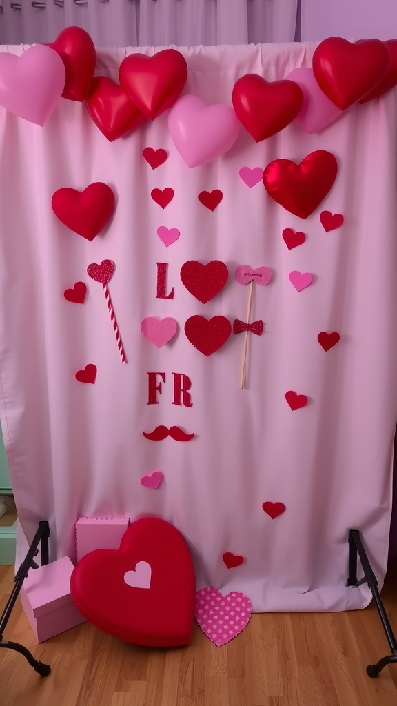 A vibrant Valentine's Day themed photo booth backdrop with hearts and playful text.