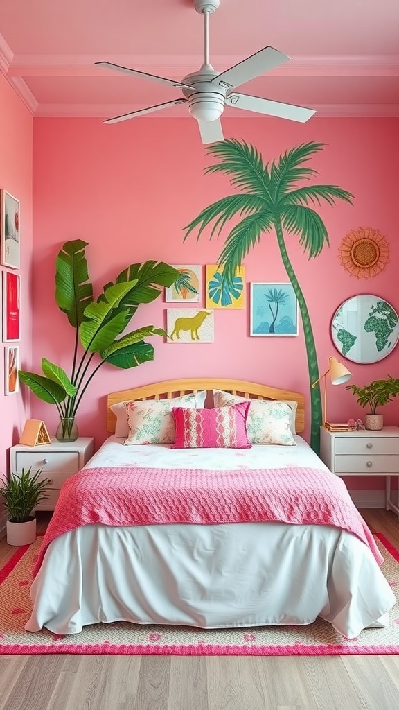 A cozy teen girl's bedroom featuring pink walls, tropical plants, and playful decor.