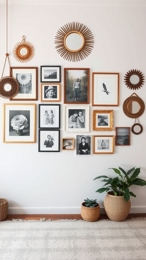 A stylish gallery wall featuring various framed photos and mirrors in a cozy living room setting.