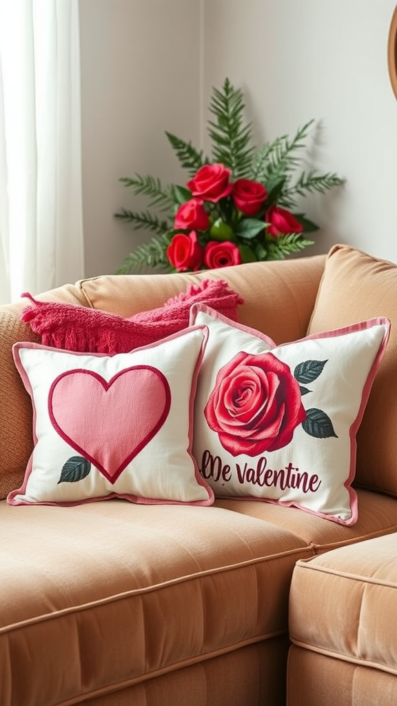 Valentine's Day themed pillows on a cozy sofa.