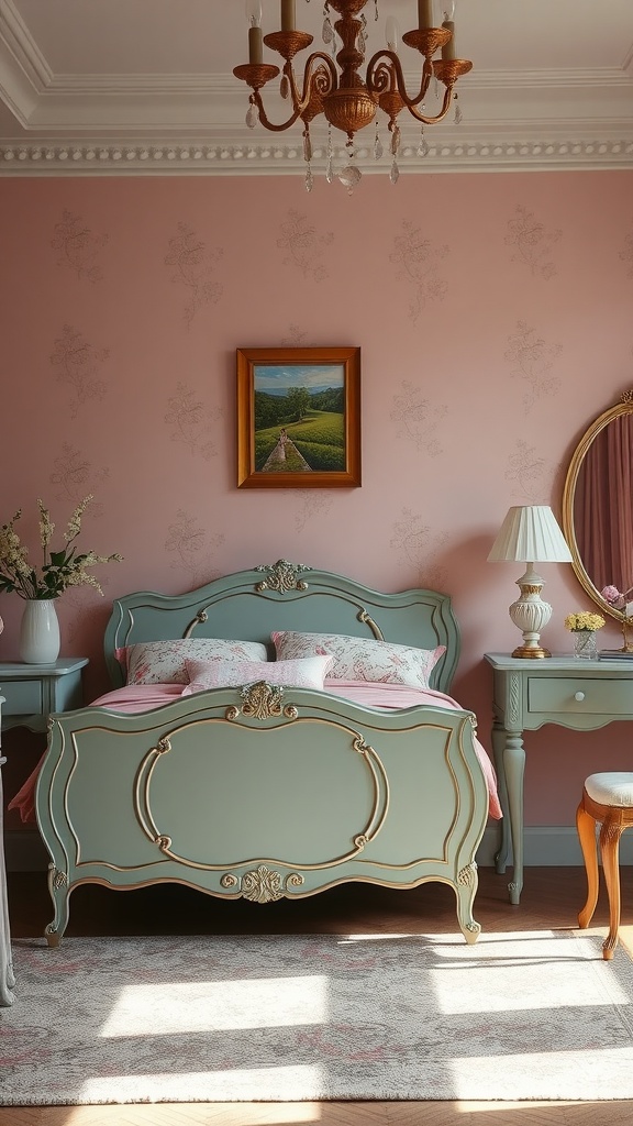 Cozy vintage glam bedroom with ornate furniture and soft pink walls.