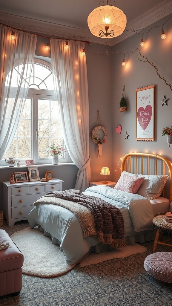 Cozy bedroom with pastel colors, fairy lights, and a warm atmosphere