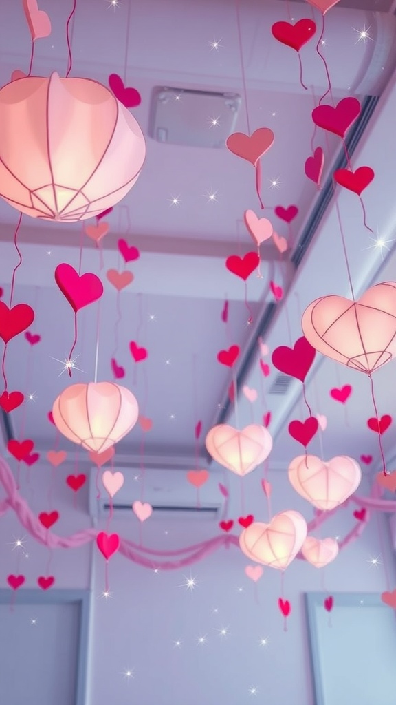 Hanging lanterns and heart decorations in pink and red for Valentine's Day