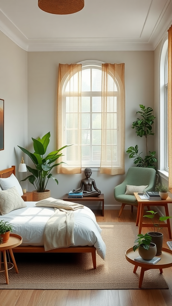 A cozy and serene bedroom with natural wood furniture, soft bedding, and decorative plants.