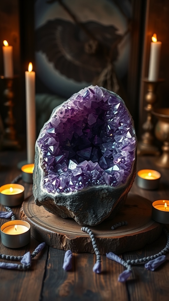 A beautiful amethyst geode surrounded by candles, creating a tranquil and spiritual atmosphere.