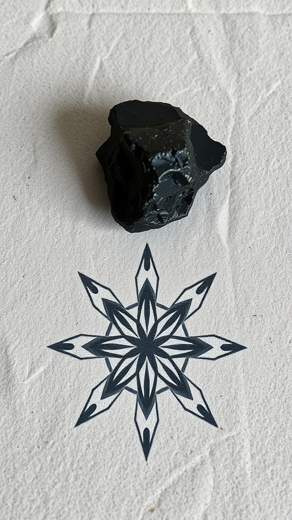 A piece of black tourmaline on a textured surface with a decorative design underneath.