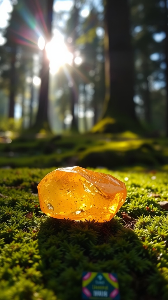 A piece of citrine crystal resting on green moss in a sunlit forest