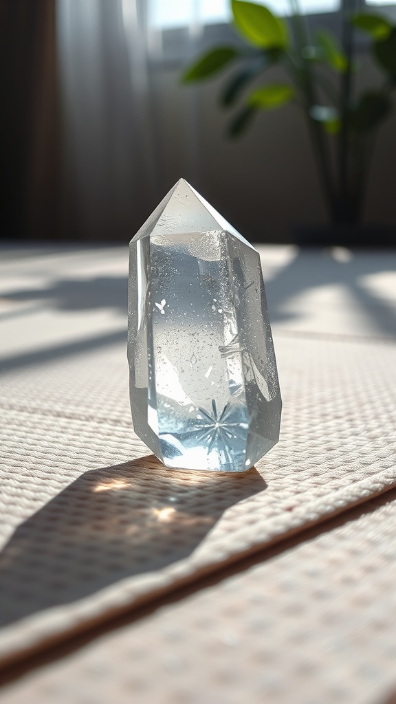 Clear quartz crystal on a light surface with soft natural lighting