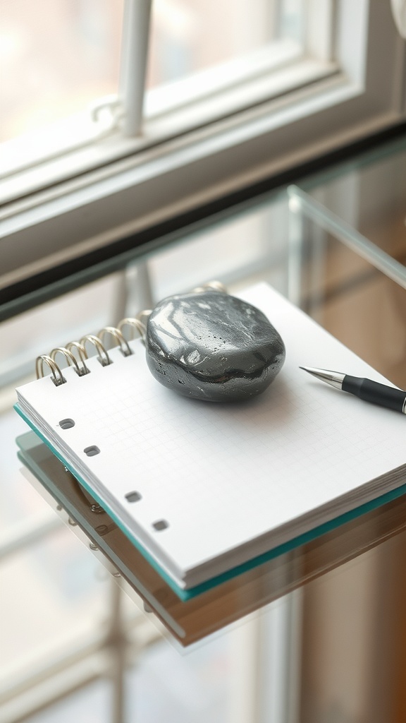 A smooth hematite stone on a notebook with a pen, symbolizing focus and clarity.