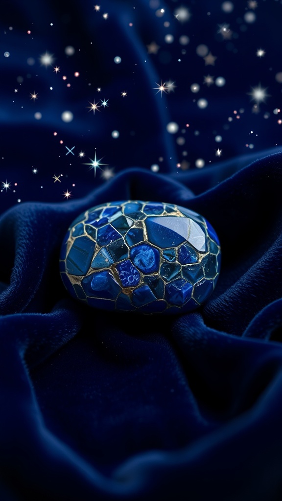 A beautiful piece of Lapis Lazuli resting on soft fabric, capturing its deep blue color and sparkling flecks.