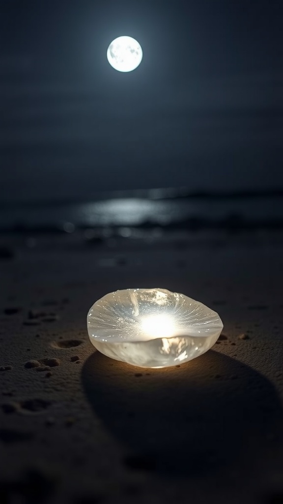 A moonstone glowing softly on a beach at night with a full moon in the sky.