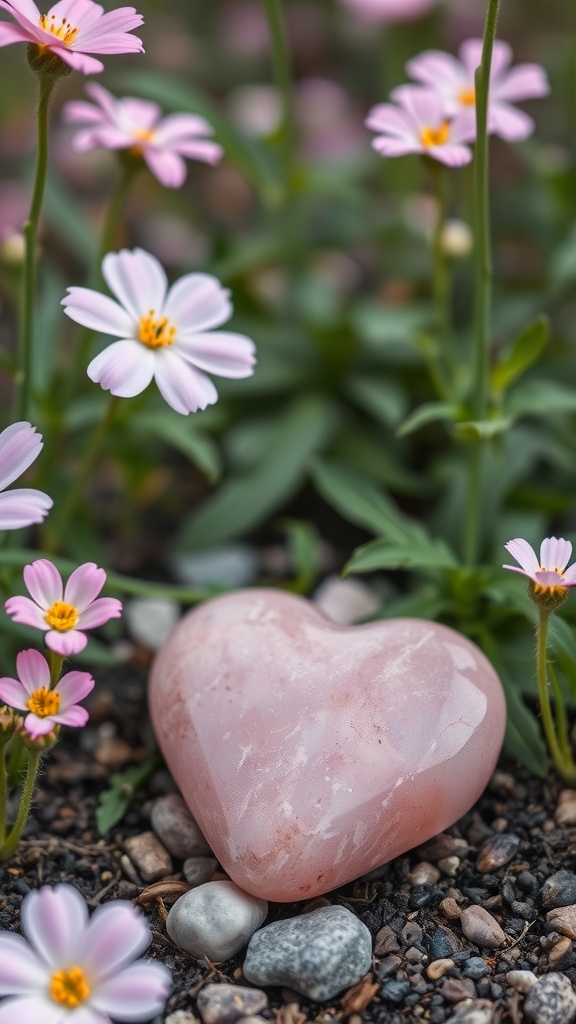 A heart-shaped rose quartz crystal surrounded by pink flowers, representing love and emotional healing.