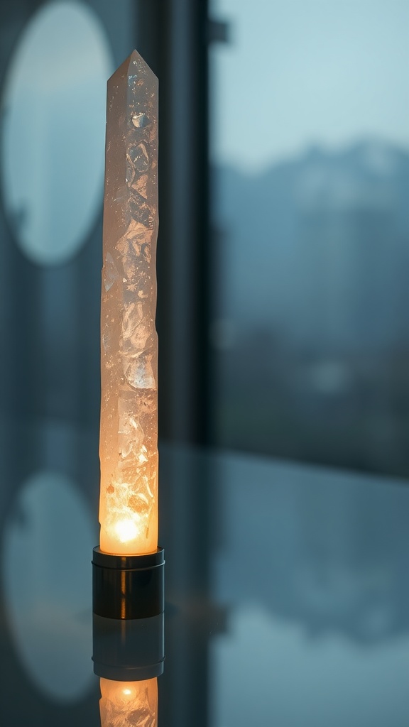 A tall selenite tower softly illuminated on a reflective surface