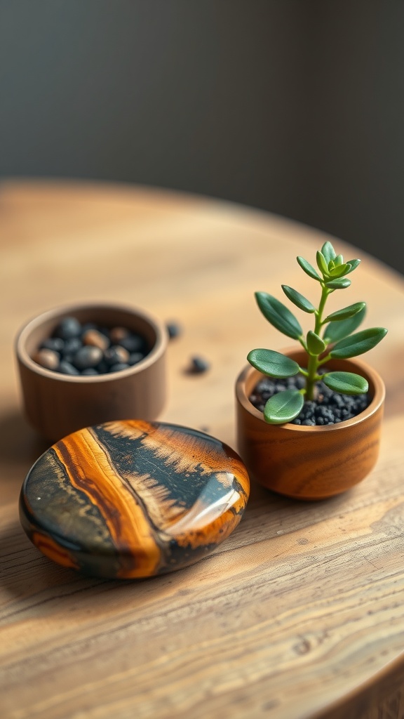 A polished Tiger's Eye stone next to small potted plants on a wooden surface.