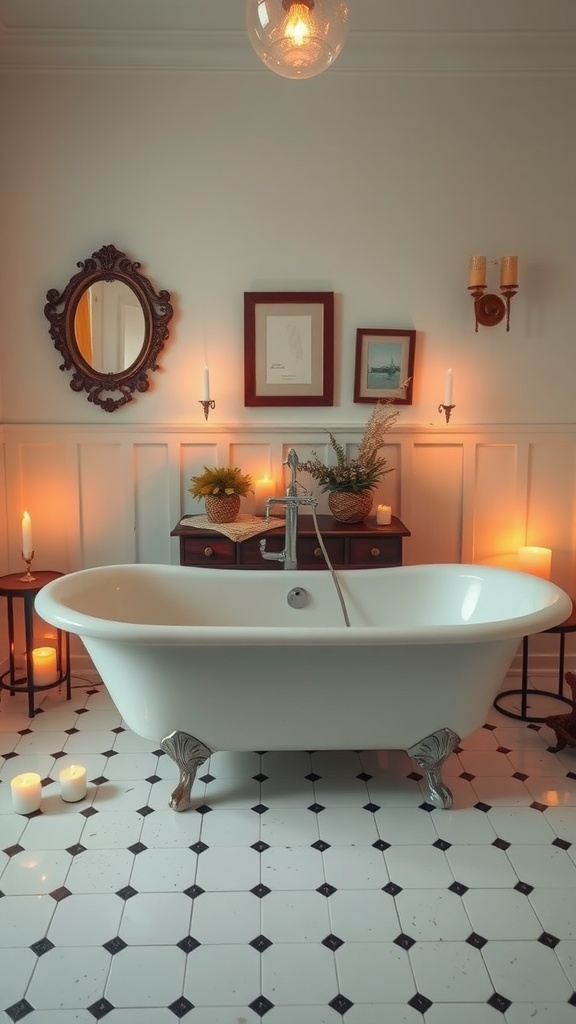A vintage-inspired bathroom featuring an antique bathtub, candlelight, and elegant decor.