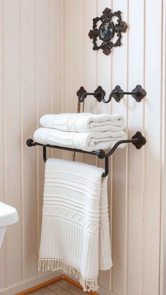 Vintage-style towel rack with neatly folded white towels