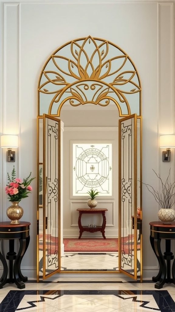 An elegant Art Deco inspired mirror in a stylish foyer.
