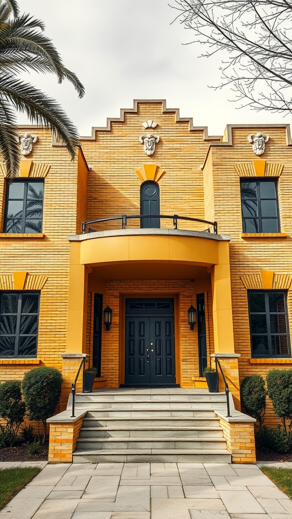 Art Deco yellow brick house with geometric architectural features