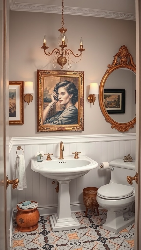 A luxurious bathroom featuring artful wall decor, including a large framed portrait, an ornate mirror, and stylish lighting.