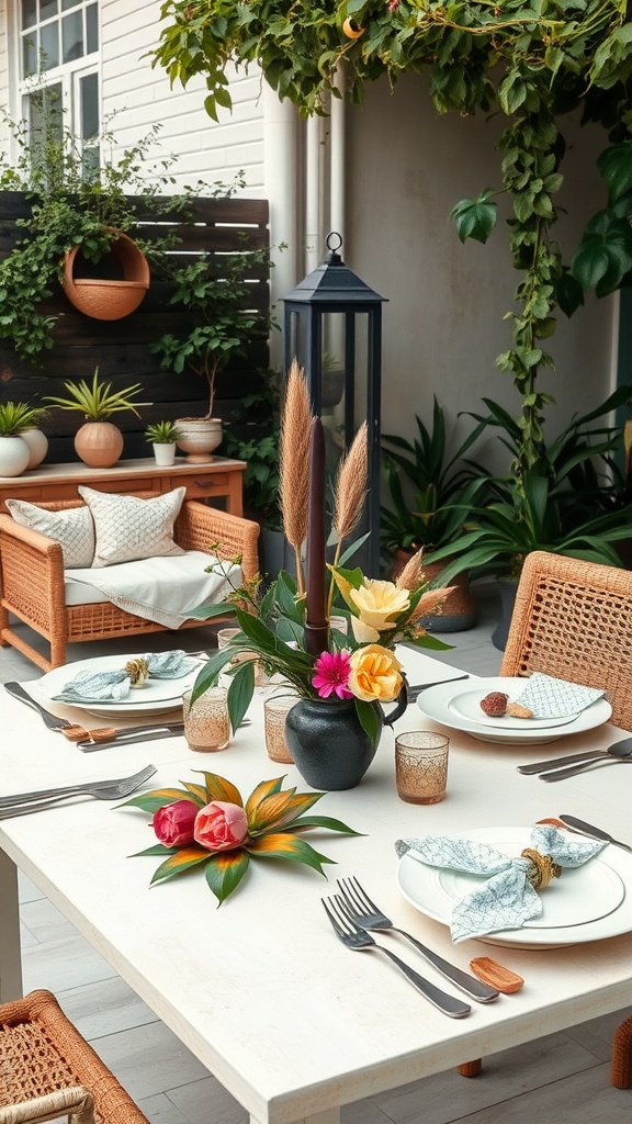 A beautifully arranged outdoor patio table with flowers and natural decor.